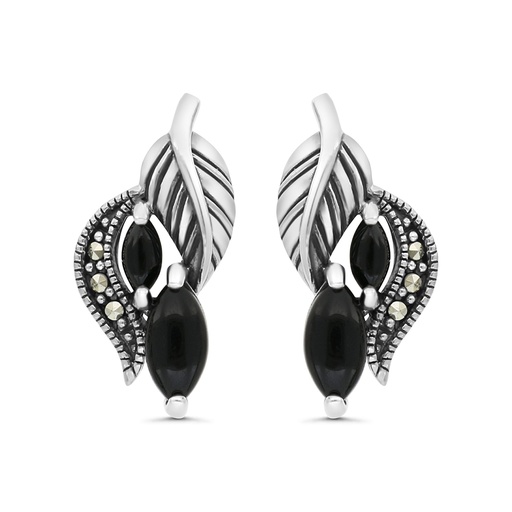 [EAR04MAR00ONXA406] Sterling Silver 925 Earring Embedded With Natural Black Agate And Marcasite Stones