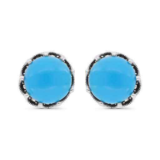 [EAR04MAR00TRQA407] Sterling Silver 925 Earring Embedded With Natural Processed Turquoise And Marcasite Stones