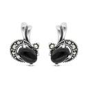 Sterling Silver 925 Earring Embedded With Natural Black Agate And Marcasite Stones