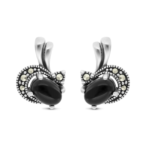 [EAR04MAR00ONXA408] Sterling Silver 925 Earring Embedded With Natural Black Agate And Marcasite Stones