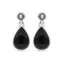 Sterling Silver 925 Earring Embedded With Natural Black Agate And Marcasite Stones