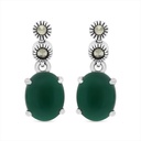 Sterling Silver 925 Earring Embedded With Natural Green Agate And Marcasite Stones