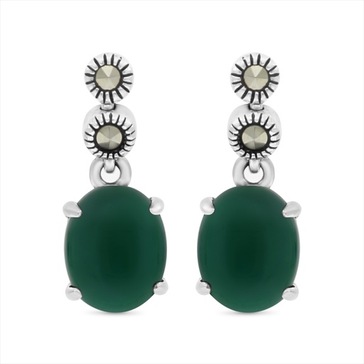 [EAR04MAR00GAGA412] Sterling Silver 925 Earring Embedded With Natural Green Agate And Marcasite Stones