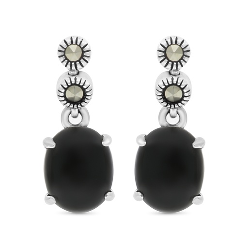 [EAR04MAR00ONXA412] Sterling Silver 925 Earring Embedded With Natural Black Agate And Marcasite Stones