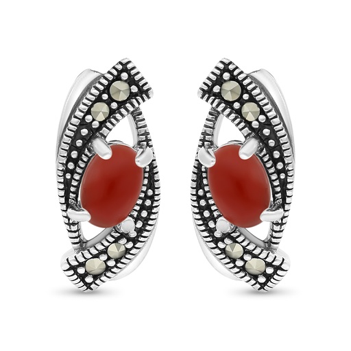 [EAR04MAR00RAGA413] Sterling Silver 925 Earring Embedded With Natural Aqiq And Marcasite Stones