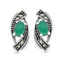 Sterling Silver 925 Earring Embedded With Natural Green Agate And Marcasite Stones