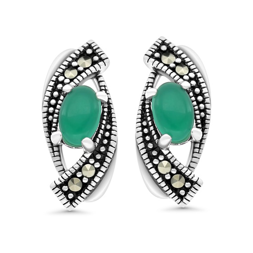 [EAR04MAR00GAGA413] Sterling Silver 925 Earring Embedded With Natural Green Agate And Marcasite Stones