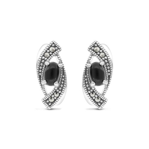 [EAR04MAR00ONXA413] Sterling Silver 925 Earring Embedded With Natural Black Agate And Marcasite Stones
