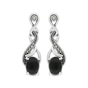 Sterling Silver 925 Earring Embedded With Natural Black Agate And Marcasite Stones