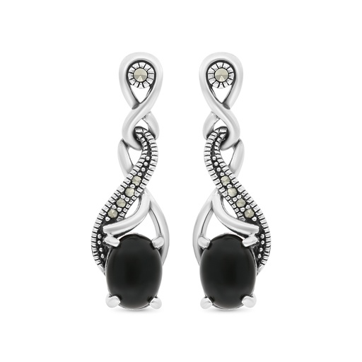 [EAR04MAR00ONXA414] Sterling Silver 925 Earring Embedded With Natural Black Agate And Marcasite Stones