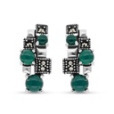 Sterling Silver 925 Earring Embedded With Natural Green Agate And Marcasite Stones