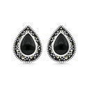 Sterling Silver 925 Earring Embedded With Natural Black Agate And Marcasite Stones