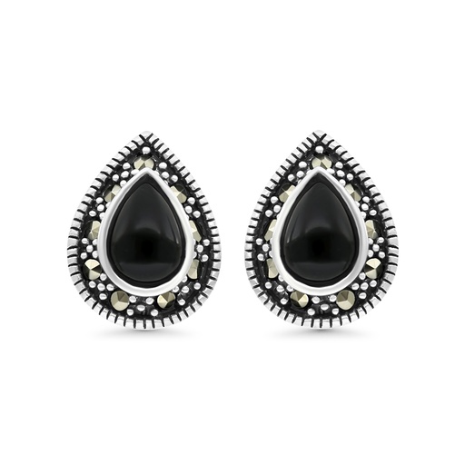 [EAR04MAR00ONXA484] Sterling Silver 925 Earring Embedded With Natural Black Agate And Marcasite Stones