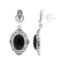 Sterling Silver 925 Earring Embedded With Natural Black Agate And Marcasite Stones