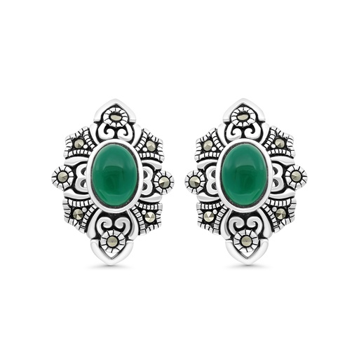 [EAR04MAR00GAGA423] Sterling Silver 925 Earring Embedded With Natural Green Agate And Marcasite Stones