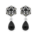 Sterling Silver 925 Earring Embedded With Natural Black Agate And Marcasite Stones