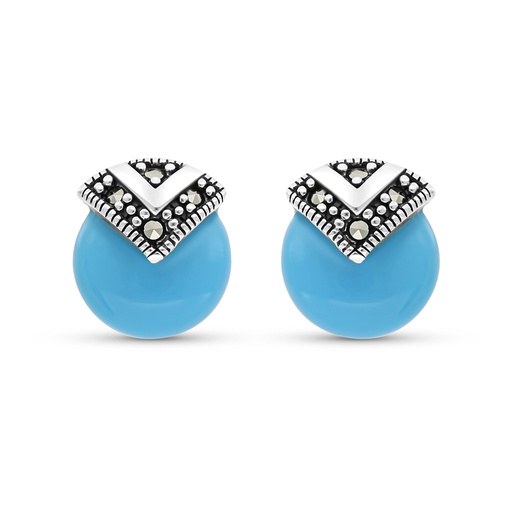 [EAR04MAR00TRQA427] Sterling Silver 925 Earring Embedded With Natural Processed Turquoise And Marcasite Stones