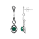 Sterling Silver 925 Earring Embedded With Natural Green Agate And Marcasite Stones