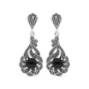Sterling Silver 925 Earring Embedded With Natural Black Agate And Marcasite Stones