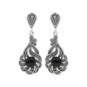 Sterling Silver 925 Earring Embedded With Natural Black Agate And Marcasite Stones