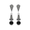 Sterling Silver 925 Earring Embedded With Natural Black Agate And Marcasite Stones