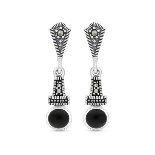 [EAR04MAR00ONXA430] Sterling Silver 925 Earring Embedded With Natural Black Agate And Marcasite Stones