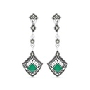 Sterling Silver 925 Earring Embedded With Natural Green Agate And Marcasite Stones