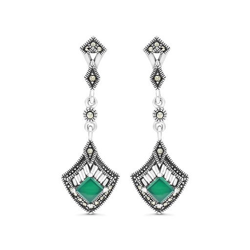 [EAR04MAR00GAGA431] Sterling Silver 925 Earring Embedded With Natural Green Agate And Marcasite Stones