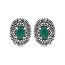 Sterling Silver 925 Earring Embedded With Natural Green Agate And Marcasite Stones