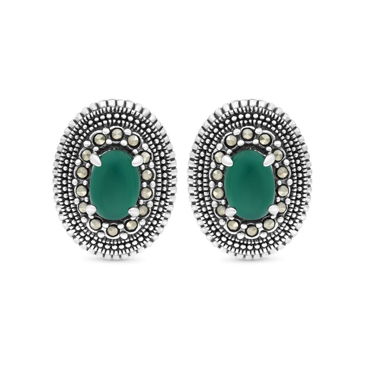 [EAR04MAR00GAGA432] Sterling Silver 925 Earring Embedded With Natural Green Agate And Marcasite Stones