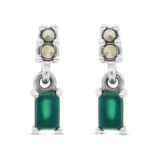 [EAR04MAR00GAGA437] Sterling Silver 925 Earring Embedded With Natural Green Agate And Marcasite Stones