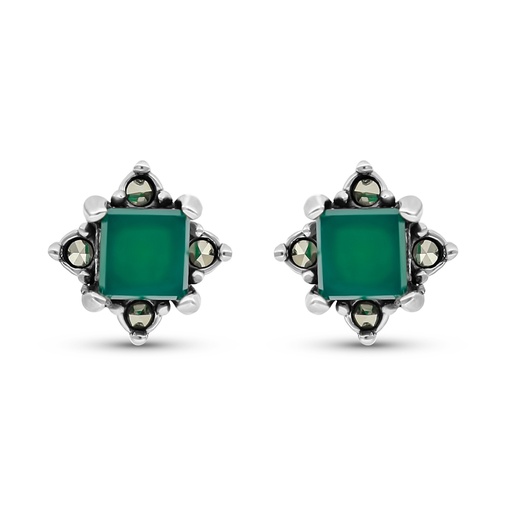 [EAR04MAR00GAGA438] Sterling Silver 925 Earring Embedded With Natural Green Agate And Marcasite Stones