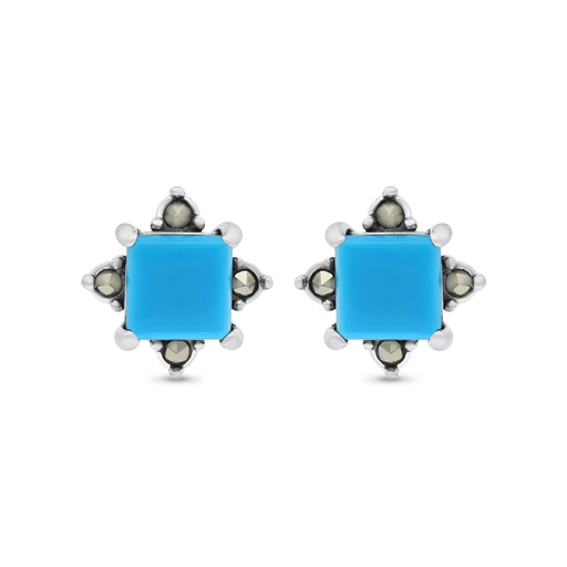 [EAR04MAR00TRQA438] Sterling Silver 925 Earring Embedded With Natural Processed Turquoise And Marcasite Stones