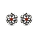 Sterling Silver 925 Earring Embedded With Natural Aqiq And Marcasite Stones