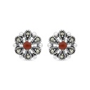 Sterling Silver 925 Earring Embedded With Natural Aqiq And Marcasite Stones