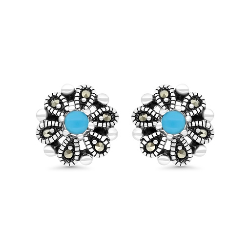 [EAR04MAR00TRQA442] Sterling Silver 925 Earring Embedded With Natural Processed Turquoise And Marcasite Stones