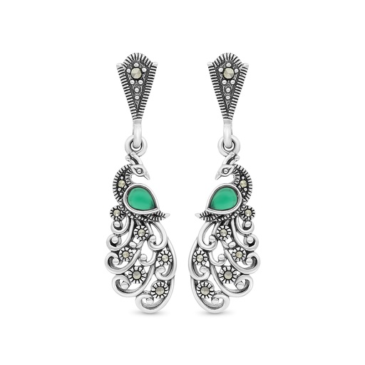 [EAR04MAR00GAGA443] Sterling Silver 925 Earring Embedded With Natural Green Agate And Marcasite Stones