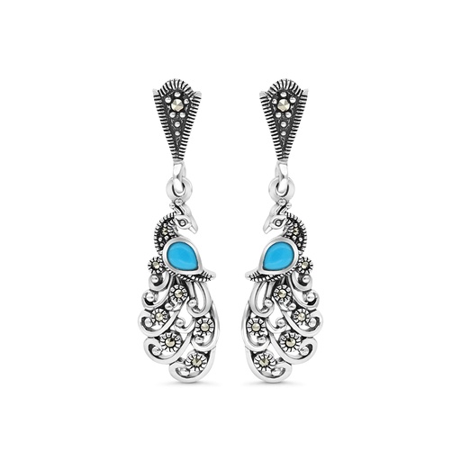[EAR04MAR00TRQA443] Sterling Silver 925 Earring Embedded With Natural Processed Turquoise And Marcasite Stones