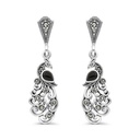Sterling Silver 925 Earring Embedded With Natural Black Agate And Marcasite Stones