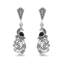 Sterling Silver 925 Earring Embedded With Natural Black Agate And Marcasite Stones