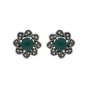 Sterling Silver 925 Earring Embedded With Natural Green Agate And Marcasite Stones