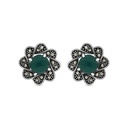 Sterling Silver 925 Earring Embedded With Natural Green Agate And Marcasite Stones