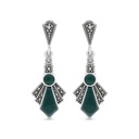 Sterling Silver 925 Earring Embedded With Natural Green Agate And Marcasite Stones