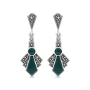 Sterling Silver 925 Earring Embedded With Natural Green Agate And Marcasite Stones