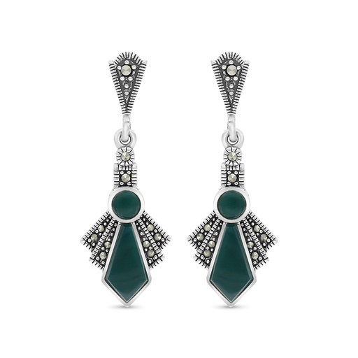 [EAR04MAR00GAGA450] Sterling Silver 925 Earring Embedded With Natural Green Agate And Marcasite Stones