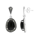 Sterling Silver 925 Earring Embedded With Natural Black Agate And Marcasite Stones