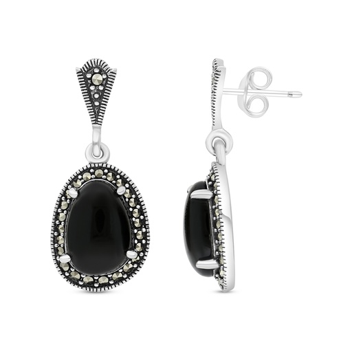 [EAR04MAR00ONXA453] Sterling Silver 925 Earring Embedded With Natural Black Agate And Marcasite Stones