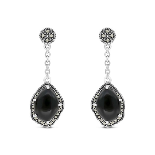 [EAR04MAR00ONXA454] Sterling Silver 925 Earring Embedded With Natural Black Agate And Marcasite Stones