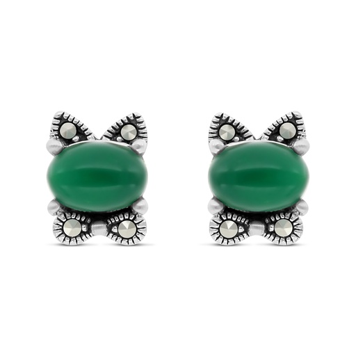 [EAR04MAR00GAGA455] Sterling Silver 925 Earring Embedded With Natural Green Agate And Marcasite Stones