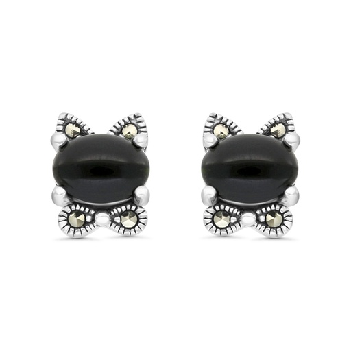 [EAR04MAR00ONXA455] Sterling Silver 925 Earring Embedded With Natural Black Agate And Marcasite Stones
